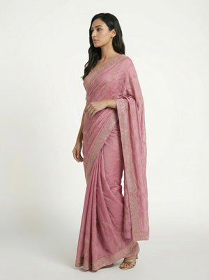 Vijithra Silk Dusty Rose Pink Geometric Shape Stone Work Designer Saree