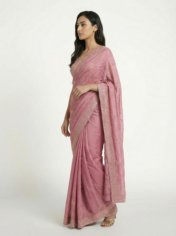 Vijithra Silk Dusty Rose Pink Geometric Shape Stone Work Designer Saree