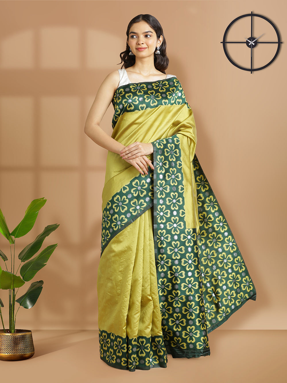 Olive Green Color Art Silk Plain Saree With Dark Green Floral Printed Border And Pallu