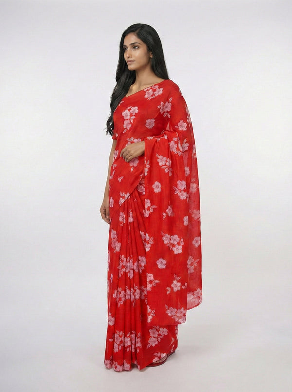 Chiffon Elegant Red  Saree with Sparkle Block Print