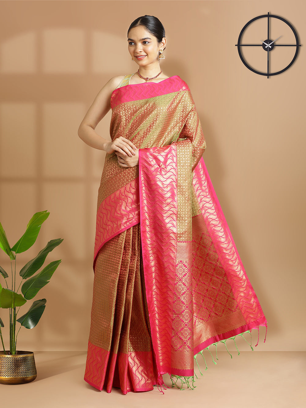 Olive Green Copper Designed Art Silk Saree With Bright Pink Border