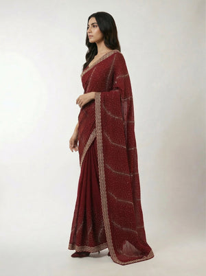 Vijithra Silk Rich Maroon Stone Work Party Wear Designer Saree