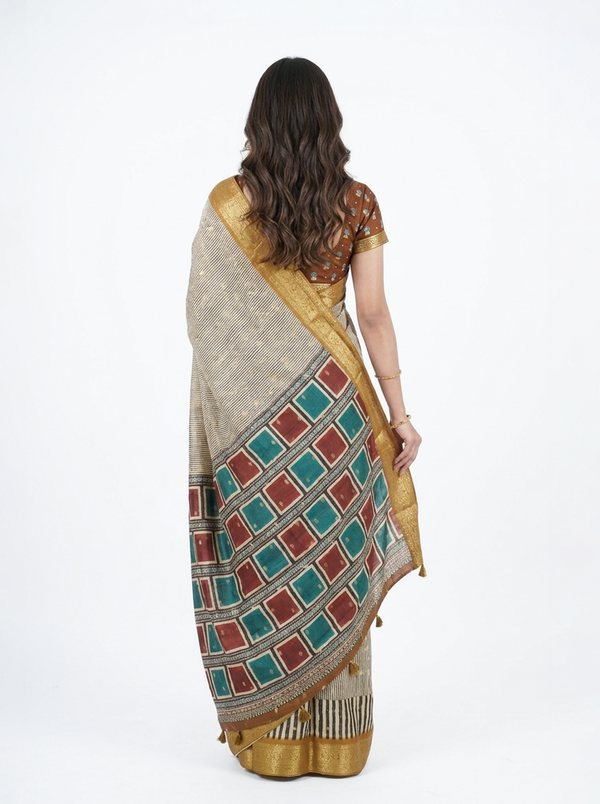 Chanderi Cotton Beige Striped Saree with Zari Border