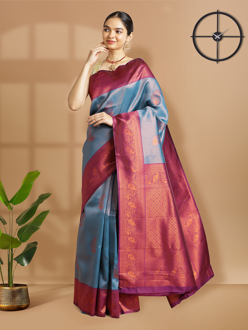 Peacock Blue Golden Woven Designed Art Silk Saree With Purple Border