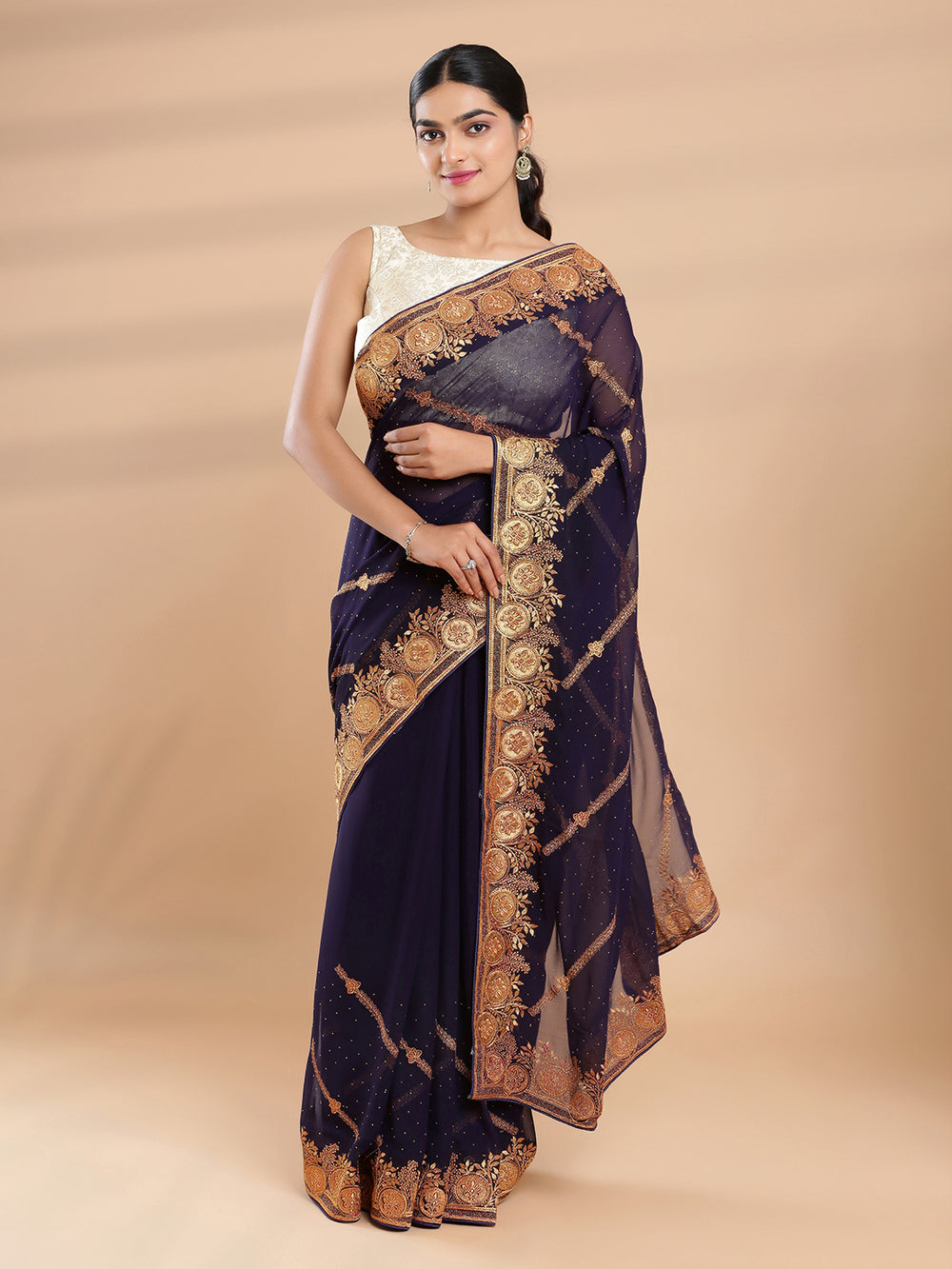 Navy Blue Color Georgette Saree With  Golden Embroidery Stripes & Mini stone Work On Body