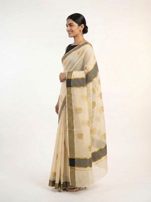 Tissue Cream with Golden Butta and Checked Border Pattern Onam Special Kerala Saree