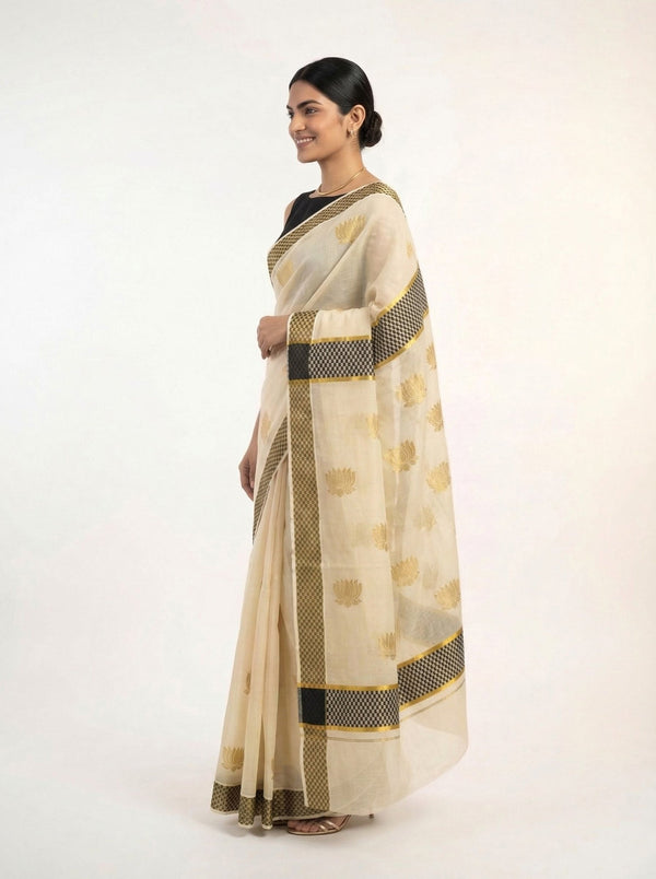 Tissue Cream with Golden Butta and Checked Border Pattern Onam Special Kerala Saree
