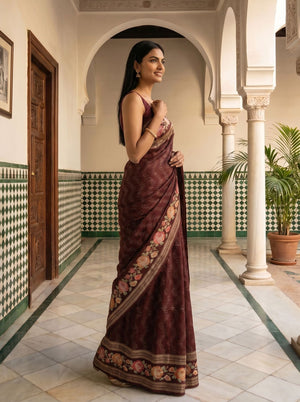 Semi Tussar Deep Wine Floral Embroidery Border Saree