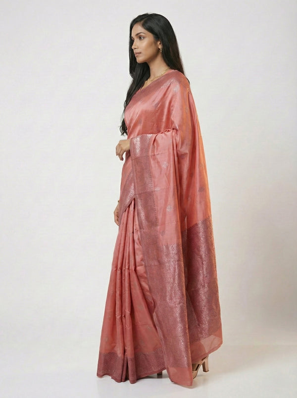 Semi  Silk Peach  Saree with Alternating Floral Design Body