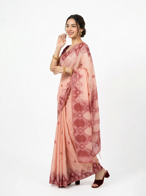 Semi Linen Peach Pink Tie-Dye Saree