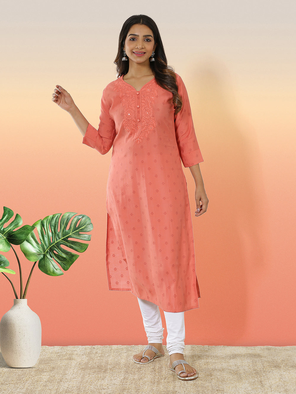 Dark Peach Color Stripe Butta Worked Kurti Top