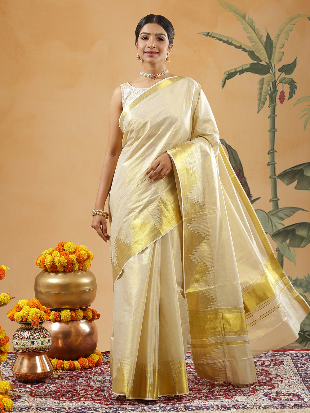 Golden Tissue Plain Set Saree With Golden Temple Design Over Down Side Border