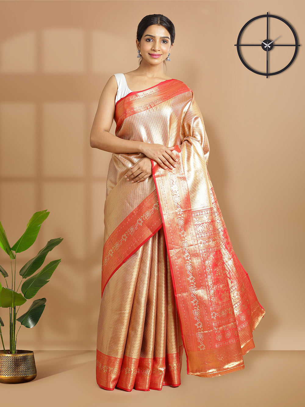 Golden And Silver Tissue Saree With Self Arrow Design Over Body And Red Border