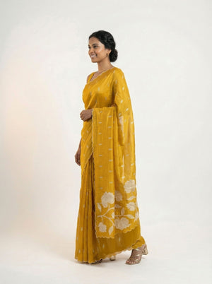 Organza Mustard Yellow Floral Butti Designer Saree with Scalloped  Border