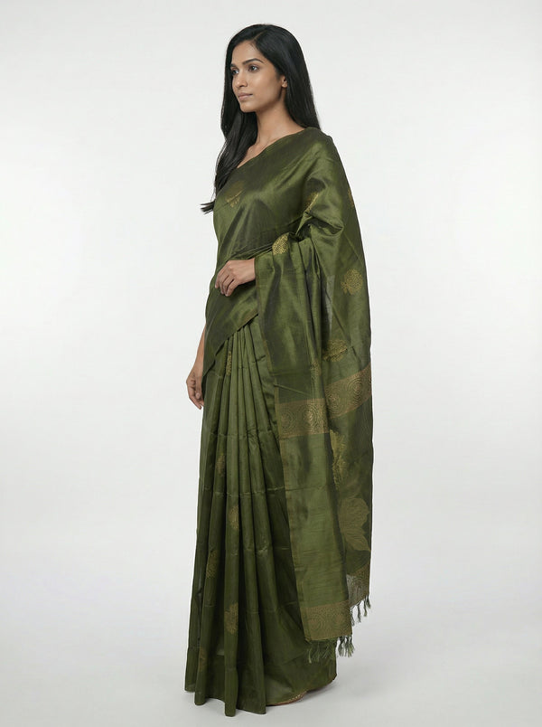 Semi Silk Moss Green  Saree with Gapped Butta Pattern