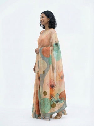 Chanderi Cotton Peach Floral Digital Print Saree