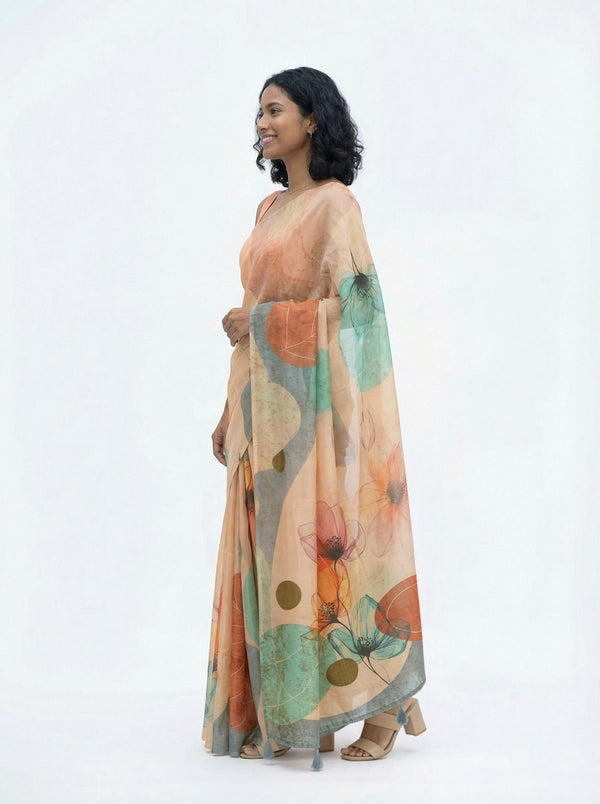 Chanderi Cotton Peach Floral Digital Print Saree