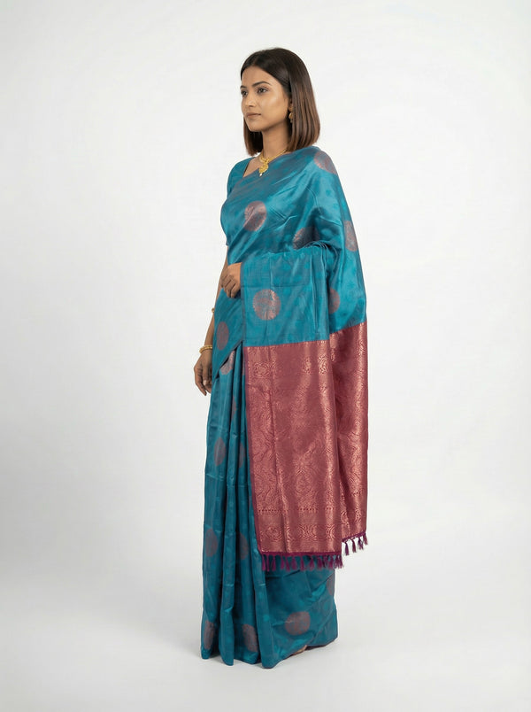 Semi Silk Peacock Blue Saree with Upper Paisley Butta Design and Wine Blouse