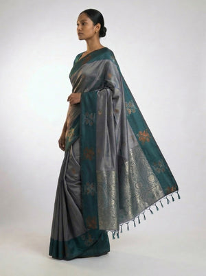 Art Silk Dark Grey Floral Design Saree with Contrast Border