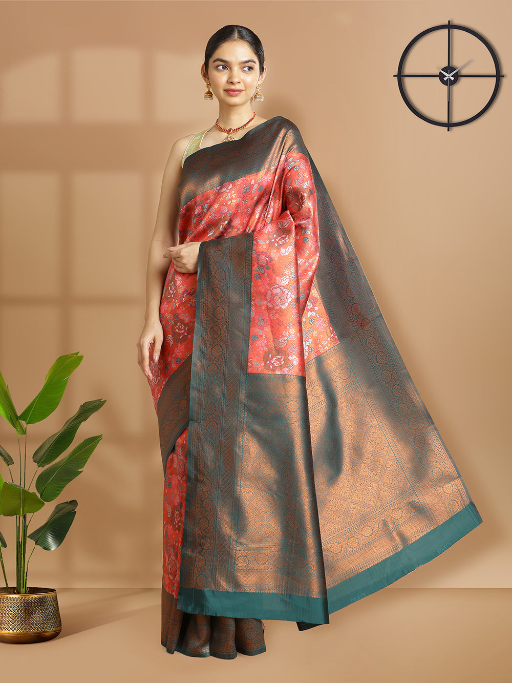 Dark Peach With Copper Tissue Saree With Floral Design And Bottle Green Border