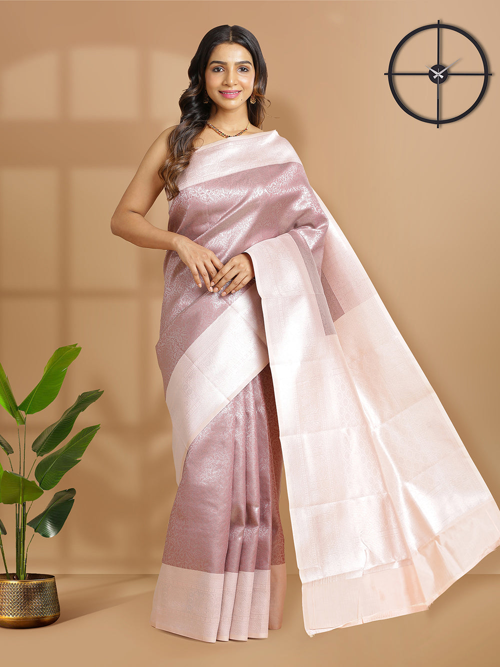 Nude Pink Color Silver Floral Designed Art Silk Saree With pastel Peach Border
