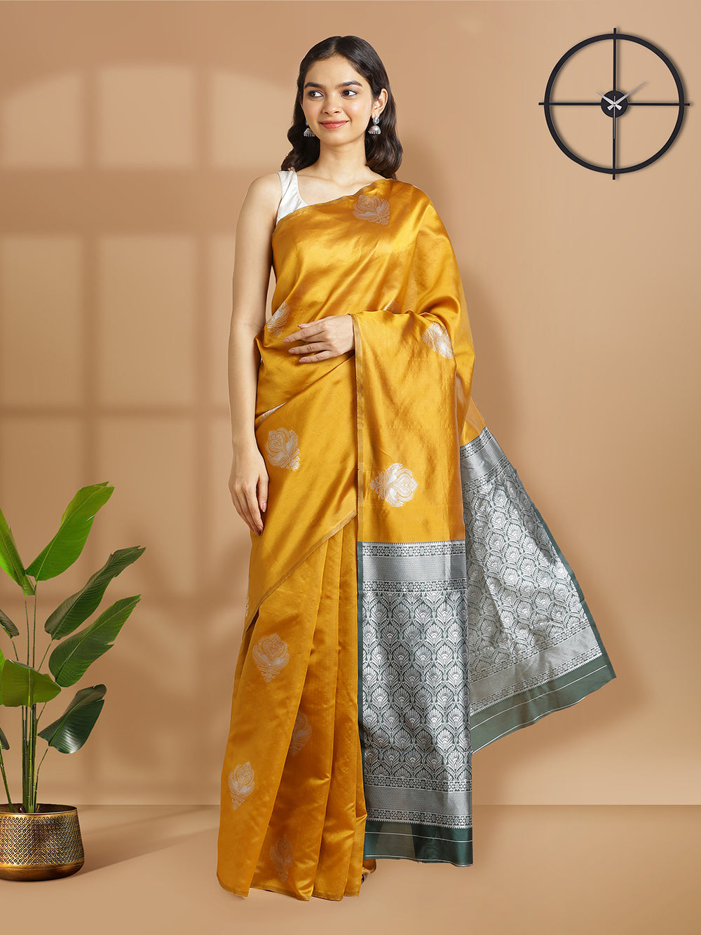 Golden Yellow Art Silk Saree With Silver Butta Design Over Body And Bottle Green Border
