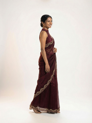Organza Wine Maroon Stone Work  Border Designer Saree