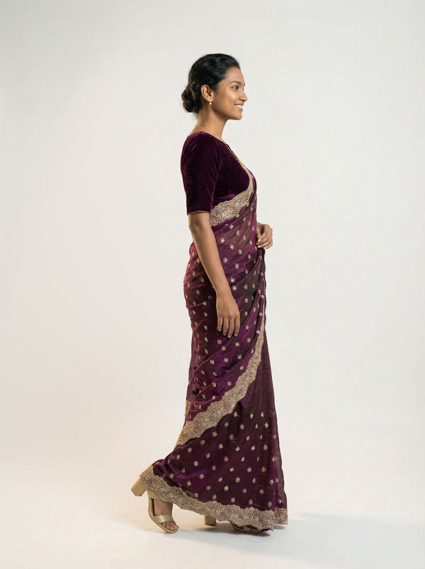 Shimmer Organza Wine Butta Designer Saree with Heavy Embroidered Border
