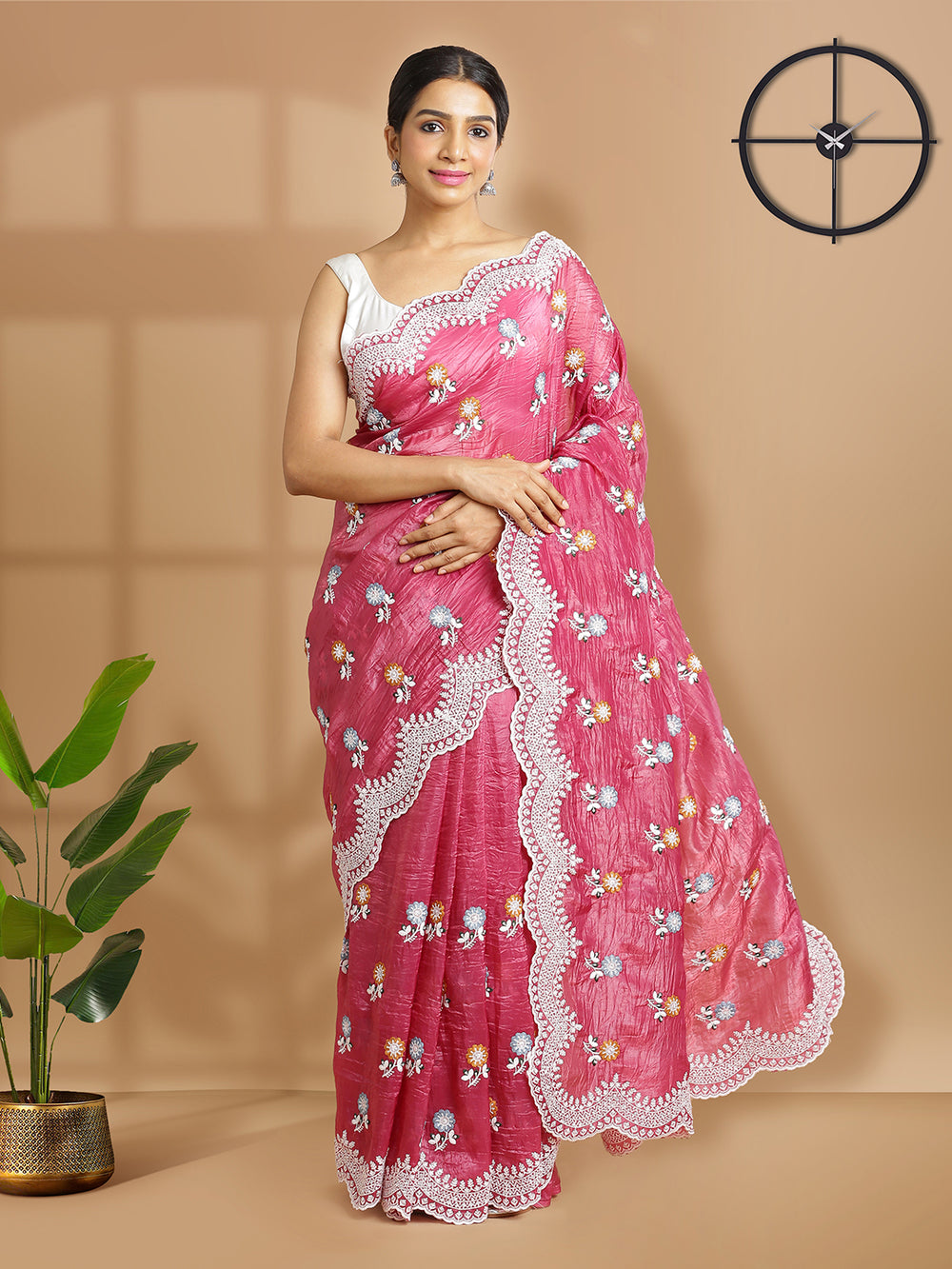 Onion Pink Organza Saree With Multi Floral Thread Work Over Body