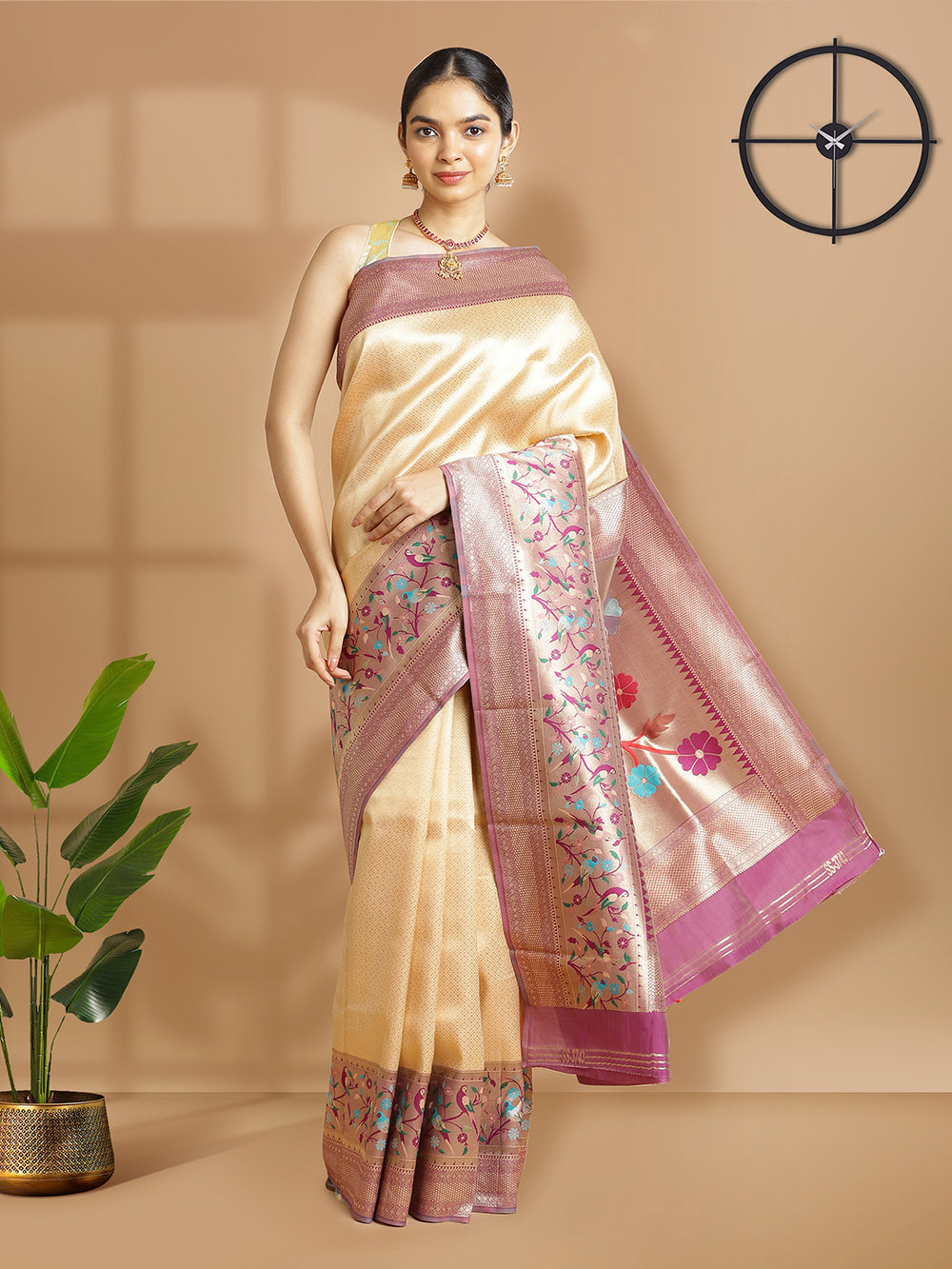 Warm Ivory Color Golden Woven Designed Art Silk Saree With Purple Border