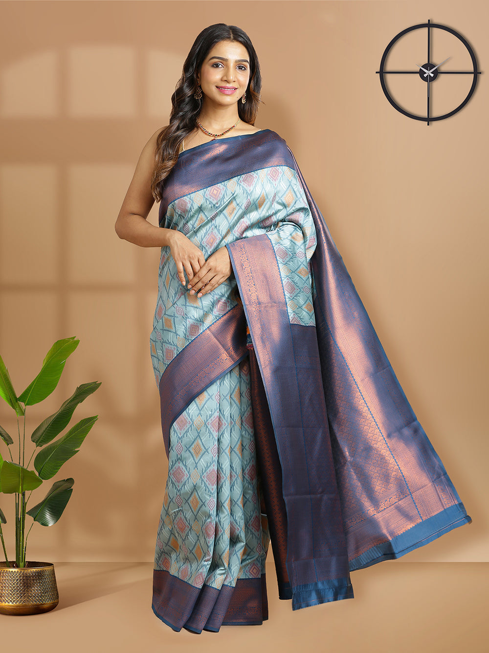 Powder Blue Art Silk Saree With Ikat Design Over Body And Teal Blue Border