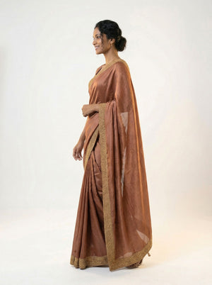 Vijithra Silk Copper Brown Zari With Stone Border Designer Saree