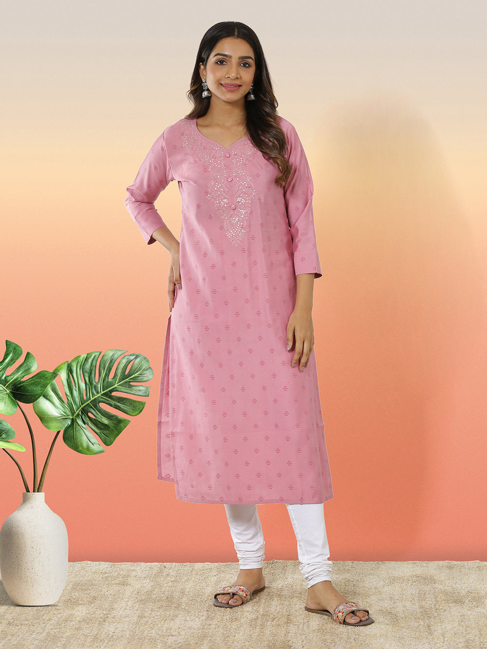 Pastel Pink Color Stripe Butta Worked Kurti Top