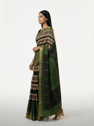 Cotton Beige Black Striped Saree with Traditional Green Border Design