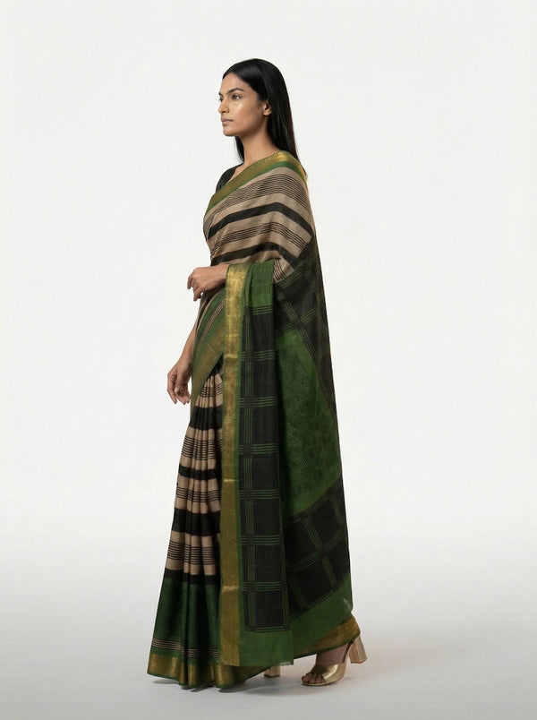 Cotton Beige Black Striped Saree with Traditional Green Border Design