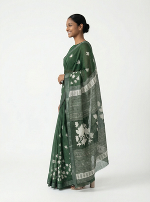 Chanderi Cotton Dark Green Floral Printed Pattern Saree