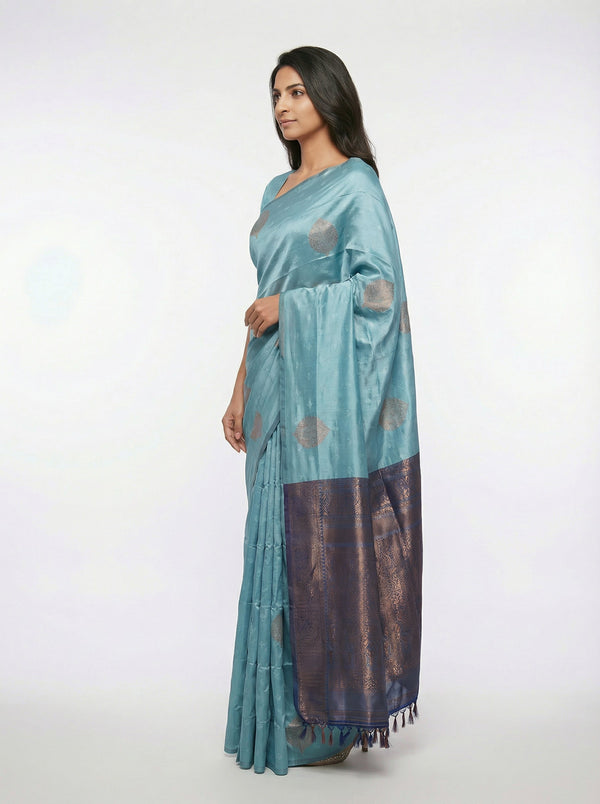 Semi Silk Women’s Pastel Sea Blue Saree with Self Paisley Motifs