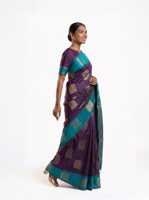 Art Silk Deep Purple and Turquoise Blue Zari Woven Saree with Geometric Block Pattern