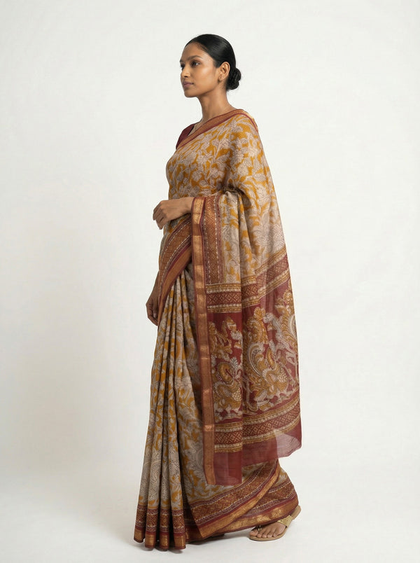 Cotton Mustard Yellow Saree with Floral Print and Maroon Zari Border