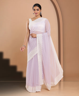 Georgette Lavender Color White Embroidery Border  Saree