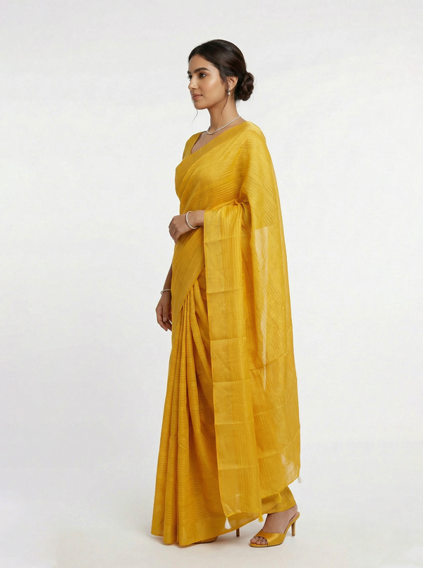 Semi Silk Bright Yellow Self Stripe Saree