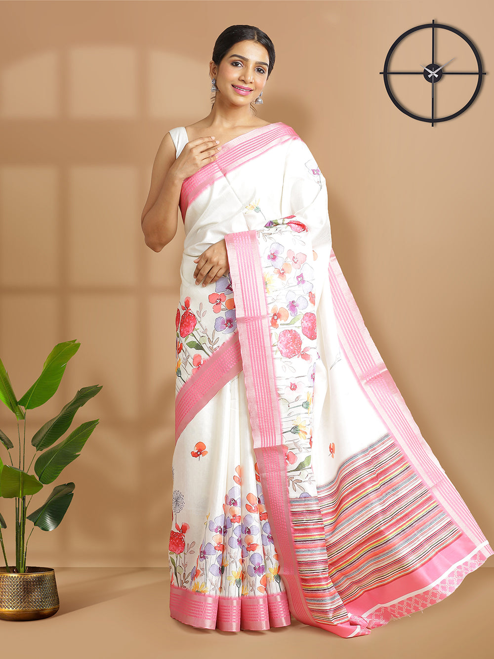 Off White Color Art Silk Saree With Pink Zari Border And Floral Design Over Body