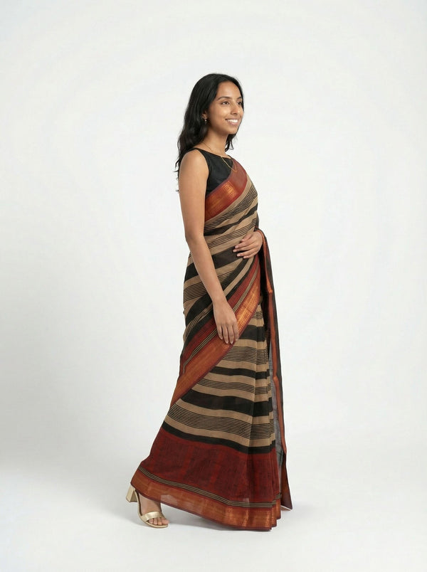 Chanderi Cotton Black Rust Striped Saree
