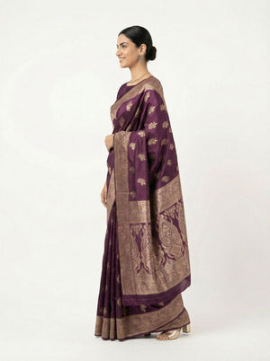 Art Silk Deep Purple Zari Woven Saree with Floral Butta