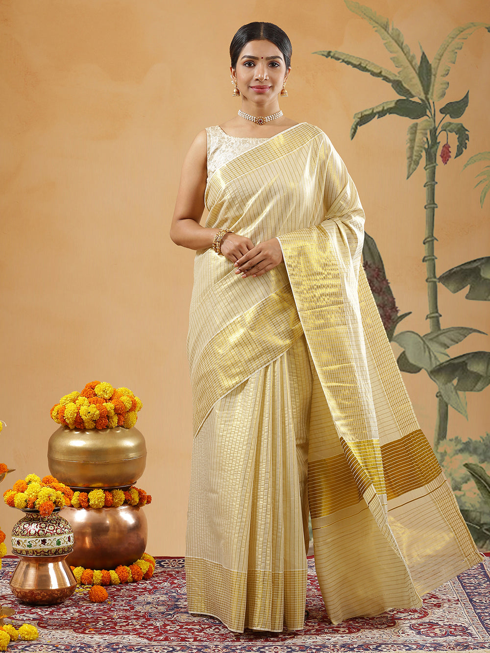 Golden Tissue Vertical Striped Set Saree With Golden Kasavu Border With Thin Off White Stripes