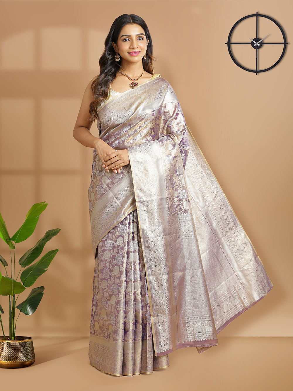 Violet With Golden Tissue Saree With Self Floral Design And Same Zari Border