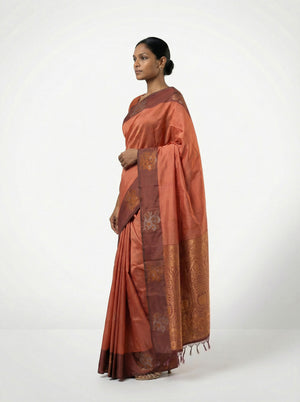 Art Silk Rust Orange Floral Butta Printed Saree with Contrast Border