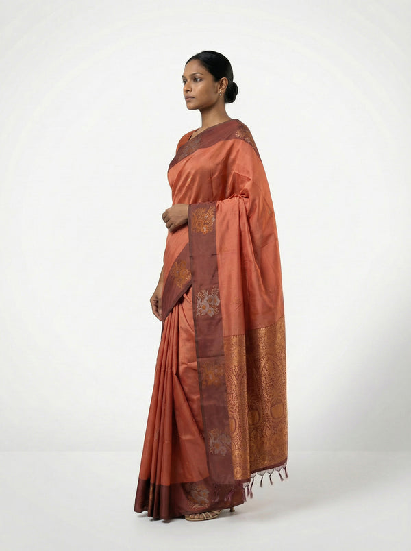 Art Silk Rust Orange Floral Butta Printed Saree with Contrast Border