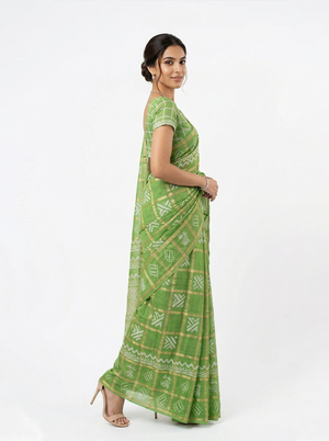 Chanderi Cotton Parrot Green Check Pattern Printed Saree