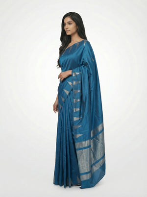 Semi Silk Ethnic Peacock Blue Saree with Traditional Tissue Work